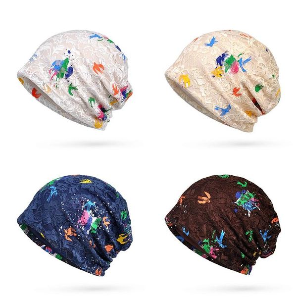 

women beanies cap lady colorful paint thin breathable lace soft hat headwear apparel accessories adapt to traveling and hiking outdoor hats, Black;white
