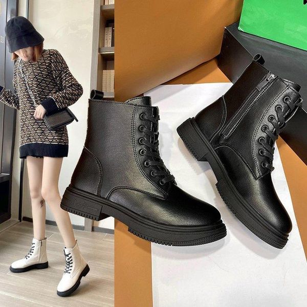 

boots ladies women 2021 height korean motorcycle round head handsome retro short, Black