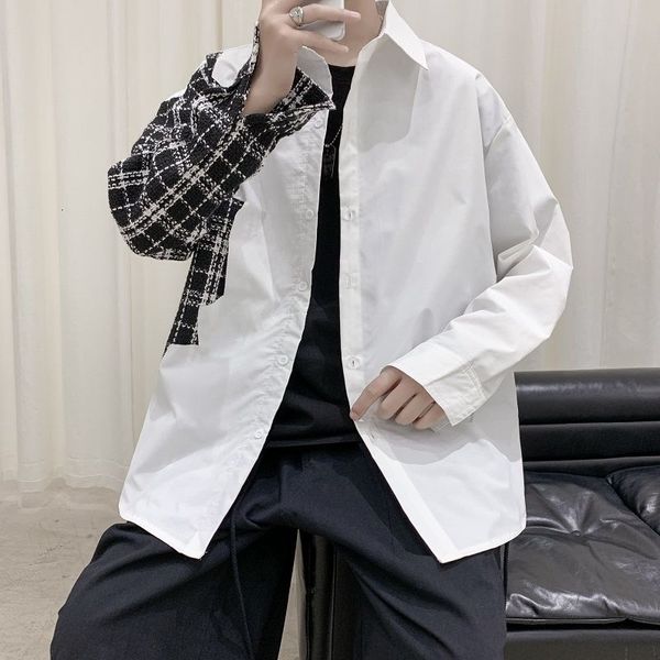 

men's casual shirts autumn korean fashion retro plaid stitching men streetwear loose long-sleeved mens dress jrka, White;black