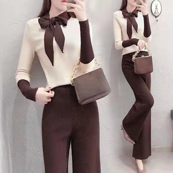 

women's two piece pants autumn winter fashion women set knitted v-neck long sleeve sweater + wide leg suit office ladies work wear y477, White