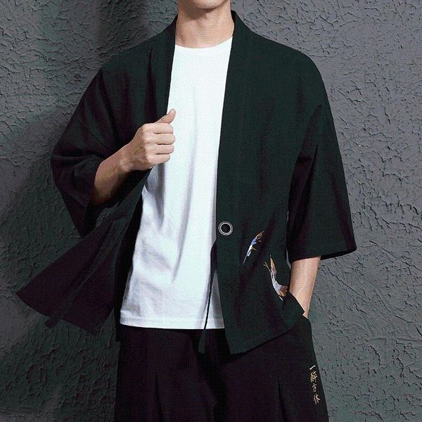 

men's jackets japanese-style linen robes tang suit seven-point sleeve jacket loose and wind cardigan kimono, Black;brown