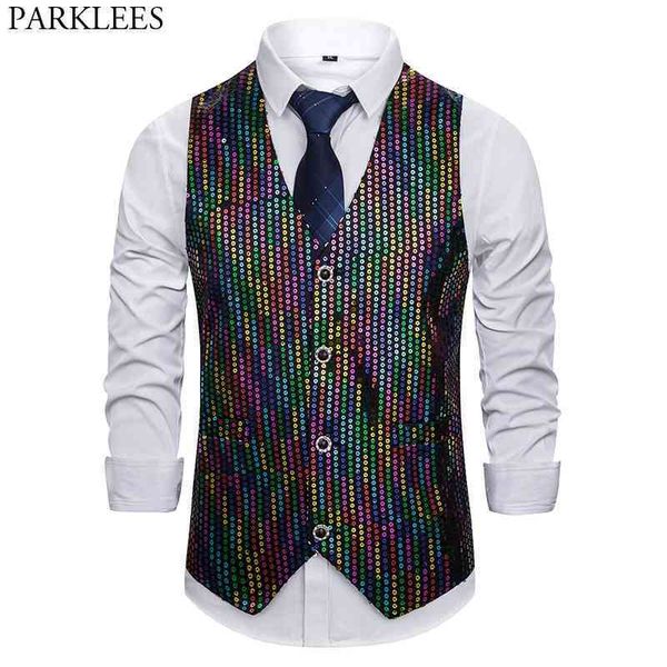 Lantejoula de arco-íris Sparkling Waistcoat Masculino Slim Fit V Pescoço Paillette Colete Mens Clube Partido Casamento Prom Traje para Cantores Dançarinos 210522