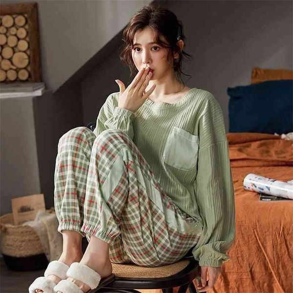 

atuendo spring fashion green silk pajamas sets for women 100% cotton pjs atoff home sleepwear autumn satin soft pure nightwear 210325, Black;red