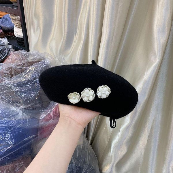 

berets 202108-250934 autumn winter wool blended warm lace flower pumpkin shap lady beret hat women leisure painter, Blue;gray