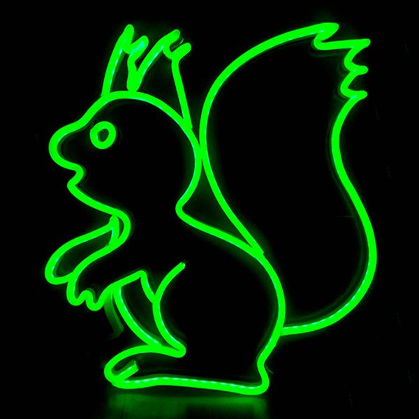 Grünes Eichhörnchen-Schild, handgefertigt, visuelles Kunstwerk, Clubhaus, Kinderzimmer, Wanddekoration, LED-Neonlicht, 12 V, superhell