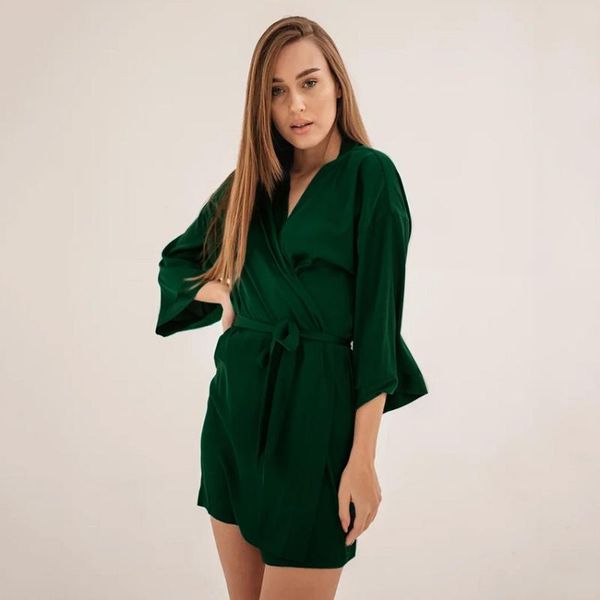 

women's sleepwear hiloc green robe dress three quarter sleeves peignoirs for women nightgown solid v-neck night bathrobe female bath, Black;red