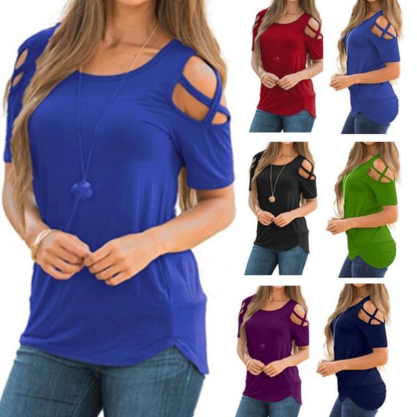 

women's t-shirt summer solid color casual holed shoulder lace up for women, White