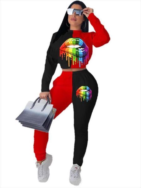 

casual lips print hit womenpant color two piece suit matching tight sports comfortable slim, White