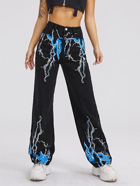 

high waist lightning print straight jeans v1tw#, Blue