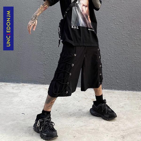 

men's shorts uncledonjm strap drawstring loose straight pants gothic japanese designer men plus size uk2107, White;black