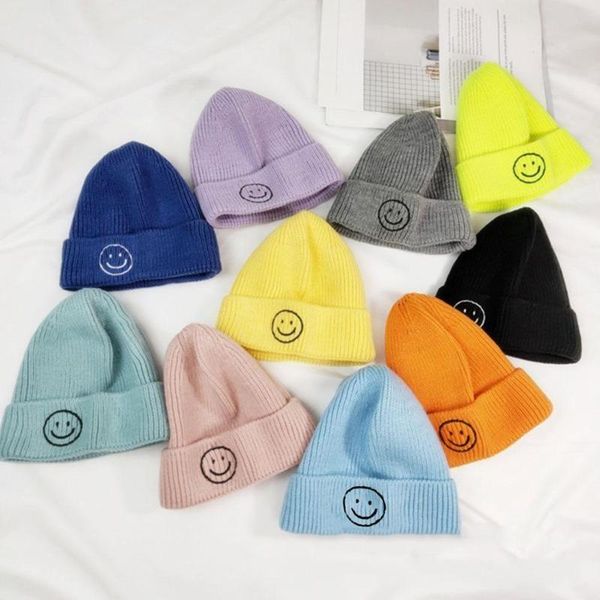 

caps & hats cartoon smile embroidery baby hat solid color boy girl winter kids knitted children warm beanies child for 1-5 years, Yellow