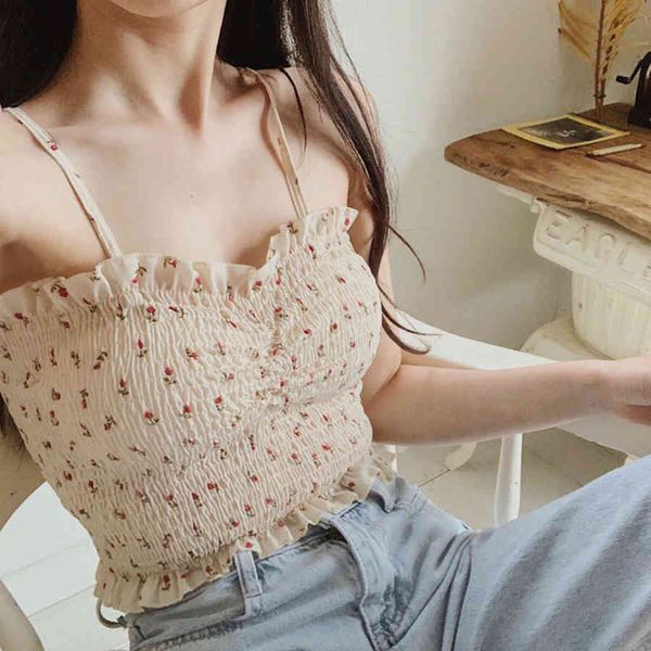 

tanks summer floral printed pleated camisole women ruffled slim korean vest woman backless sweet suspenders women's girls, White