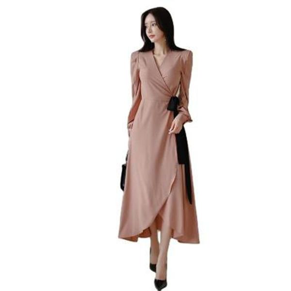 

casual dresses plain color office lady dress autumn high waist slim fit long sleeve v-neck asymmetry simple elegant party women rb225, Black;gray