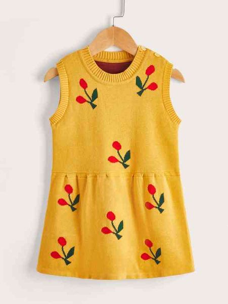 

baby cherry pattern buttoned shoulder sweater dress she, Red;yellow