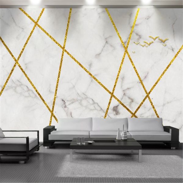 3D Wall Papers Linha Dourada Mármore Mural Papel de Parede Sala de estar Quarto Cozinha Casa Decoração Pintura Moderna Wallpapers