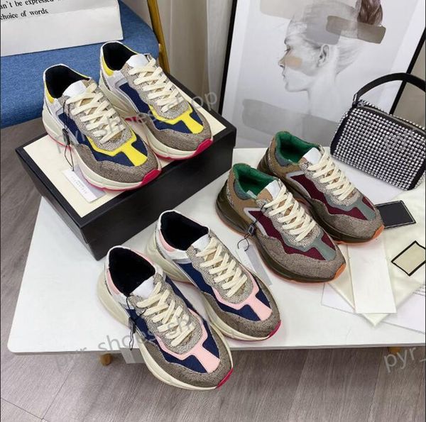 

2021 selling designer rhyton beige men trainers vintage luxury chaussures ladies shoes thick-soled letters patchwork daddy sneakers, Black