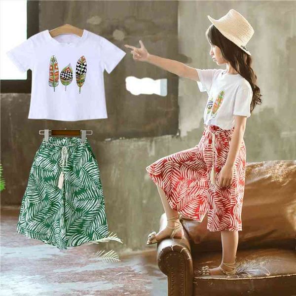 

kids girls summer sets childrens printed leaf culottes wide leg pants two-piece suit trendy gt02, White