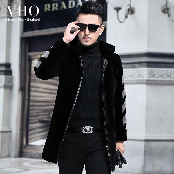

men's leather & faux vho natural real fur lamb wool coat for men long hooded fashion shearling motorcycle genuine jacket warm thick win, Black