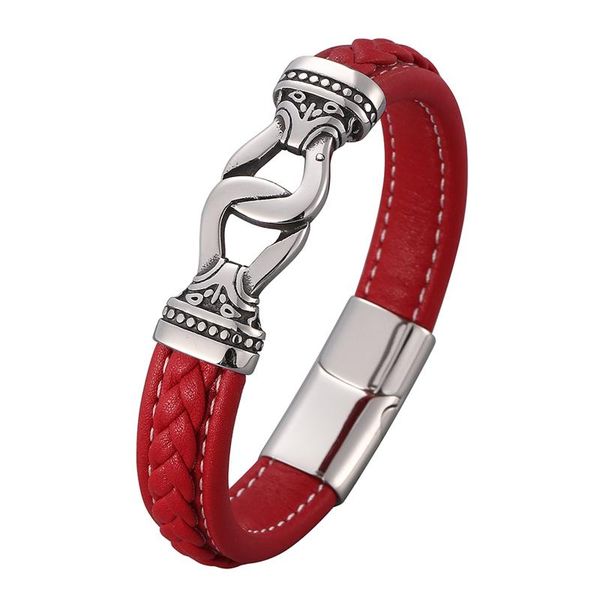 

red leather charm bracelets bangles men jewelry vintage stainless steel magnetic buckle punk rock male wristband gift pd0817, Golden;silver
