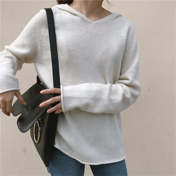

women's sweaters 2021 cashmere sweater women's hood 2-color korean sale fashion knitted shirt, White;black