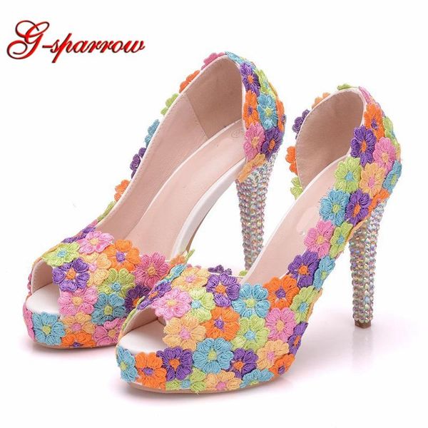 

dress shoes lady fashion high heels peep toe wedding platforms multicolor lace flower cut-out sandals handmade women party prom pumps, Black