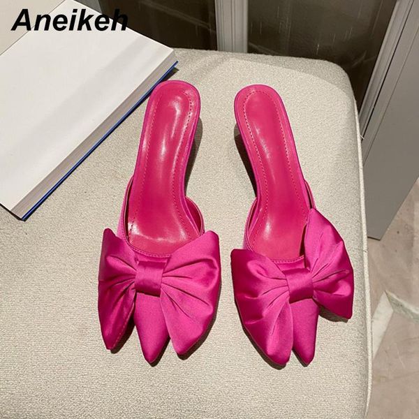 

aneikeh sweet fashion silk butterfly-knot patchwork pu shallow 2021 summer slip-on thin heels sandalias mujer women's shoes slippers, Black