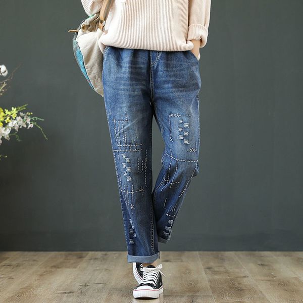 

women's jeans vintage embroidery women blue elastic waist casual loose harem denim pants spring ripped hole trousers plus siz w5bd