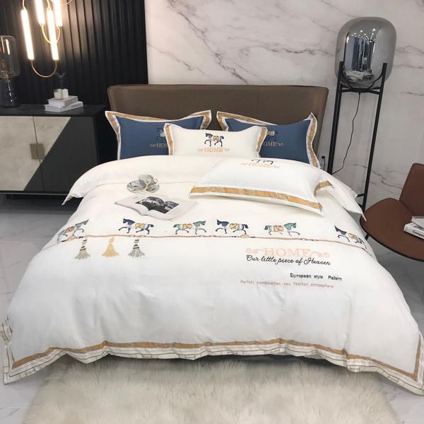 

luxury white thicken sanding 600tc egyptian cotton horse embroidery bedding set duvet cover bed linen fitted sheet pillowcases sets
