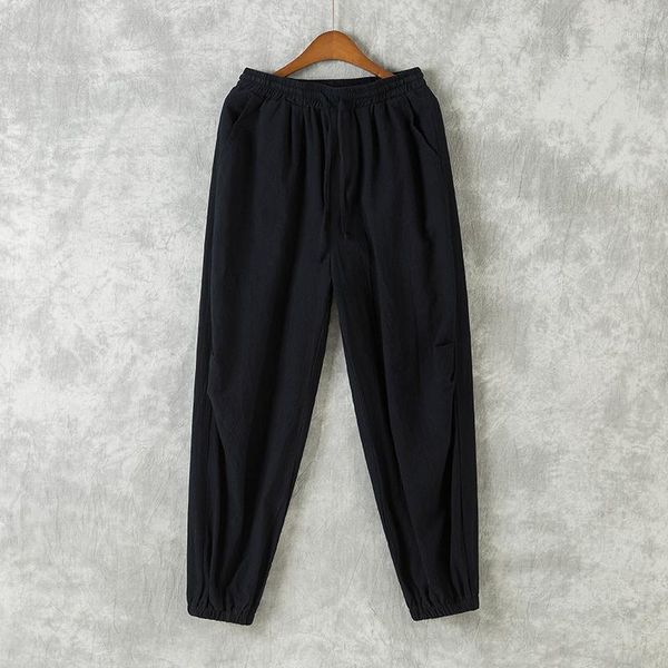 

men's summer style loose casual sports simple fashion personality pure cotton solid color nine-point casua pants, Black