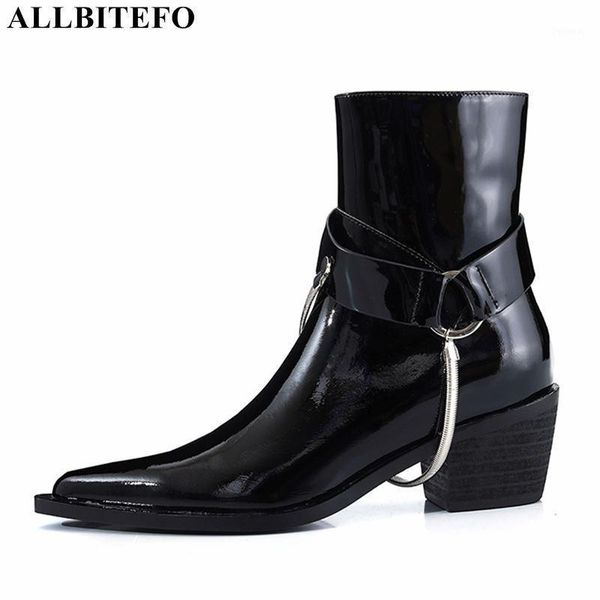 

boots allbitefo thick heels genuine leather metal chain women brand high ankle for office ladies shoes1, Black