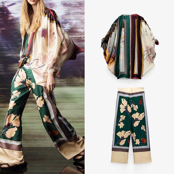 ZA Silk Kimono Style Suit Print Shirt + Pants 2pcs Soft Thin Loose Top con scollo a V Vita alta Elegante Streetwear 210930