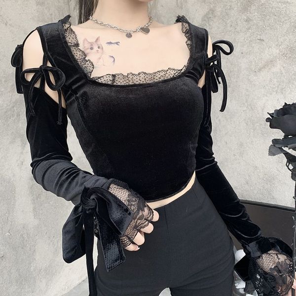 Magliette donna Lace Up Black Hollow Out Goth Top Corsetto vintage aderente Velluto Top sexy Harajuku Y2K Abiti corti estetici 210517