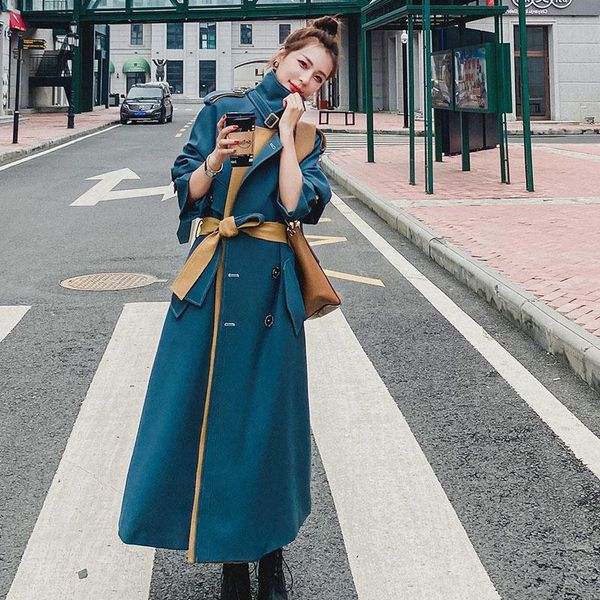 

women's trench coats [ewq] large color contrast fake two piece windbreaker autumn coat loose fit tide 2021 arrival 162269, Tan;black