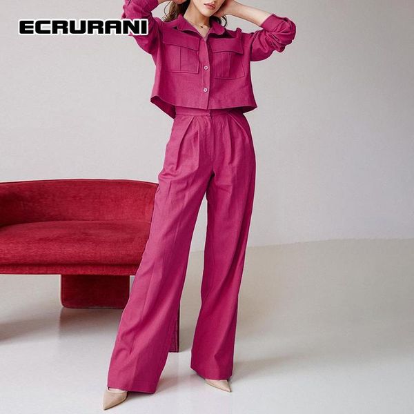 

women's two piece pants ecrurani pink casual suits for females lapel long sleeve button through shirts high waist trousers fashion set, White