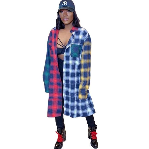 

women's jackets autumn fashion casual color plaid stitching jacket women loose long sleeve turn down collar outer wear female lr2079, Black;brown