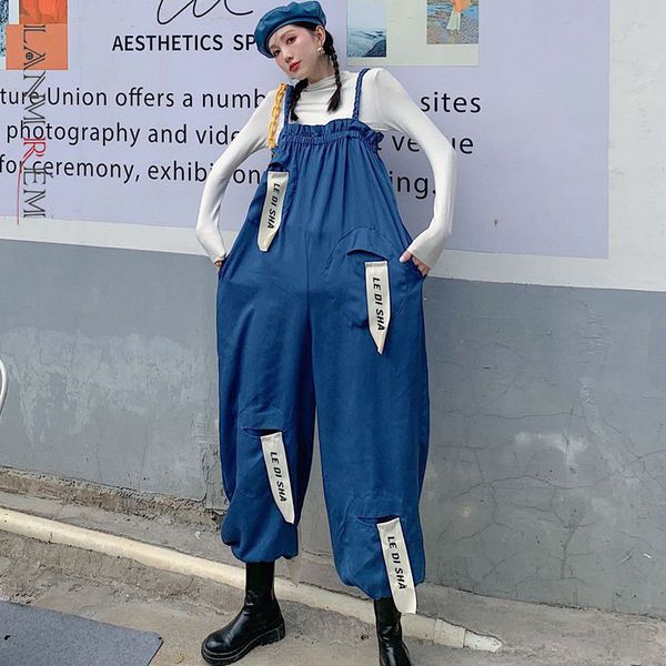 

high waist twisted shoulder strap letter patch denim trousers pants women fashion tide spring autumn 2f0215 210507, Black;white