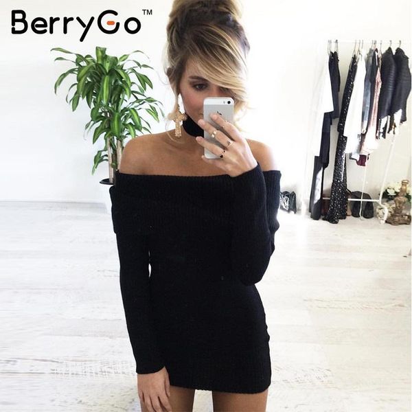 

berrygo autumn winter off shoulder knitted bodycon dress women long sleeve party short white es vestidos 210513, Black;gray
