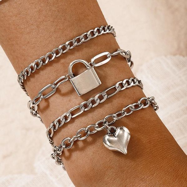 

link, chain tocona ins trendy heart bracelets for women punk thick lock silver color alloy metal adjustable jewelry 4pcs/set 18230, Black