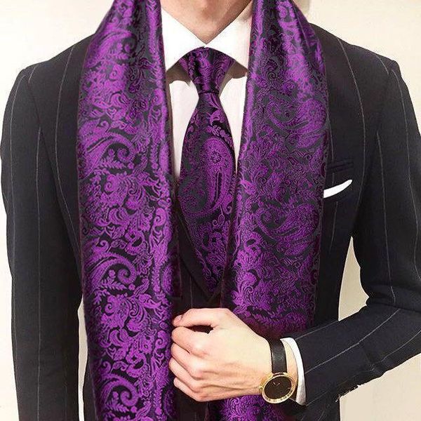 Scarves Moda Homens Scarf Roxo Jacquard Paisley 100% Seda Laço De Seda Outono Inverno Casual Negócio Terno Camisa Set Barry.Wang1