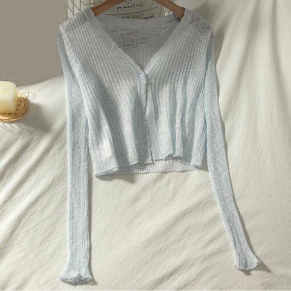 

women's knits & tees 2021 summer v-neck long sleeve cardigan women knitted sweater female short cardigans thin coat ladies sunscreen sh, White
