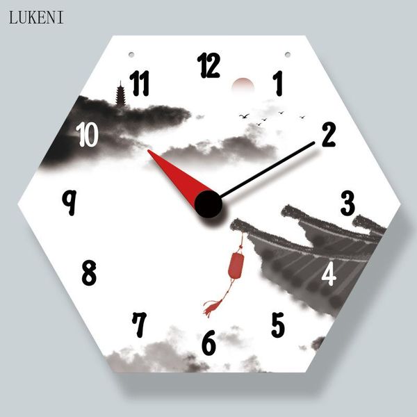 

wall clocks chinese style ink painting hexagonal 14-inch lanyard clockhome decor