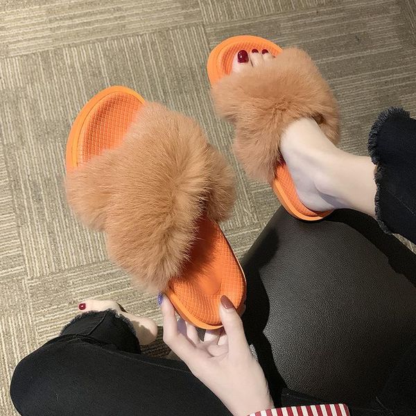 

shoes house slippers platform flock slides fashion slipers women fur flip flops flat luxury 2021 plush pu rome basic rubber, Black