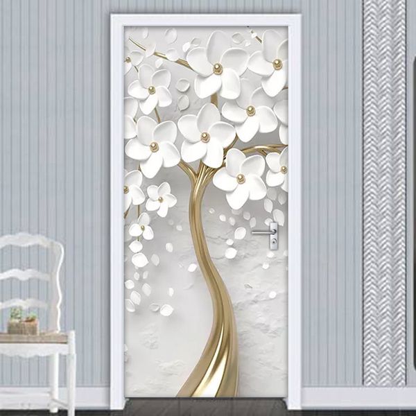 PVC Selbstklebende 3D Türaufkleber Weiße Blumen Baum Wandbild Tapete Wasserdichte Wohnzimmer Schlafzimmer Türaufkleber Wohnkultur 3D 210317