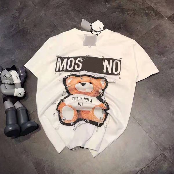 

luxury design fashion mos bear summer digital printing paper clip age reducing loose round neck t-shirt for women, White