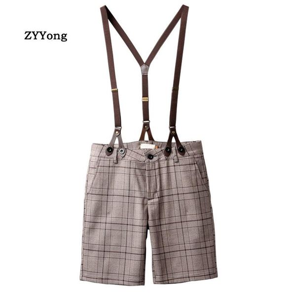 

summer retro brown lattice men's suit shorts bib overalls fashion tourism leisure gentleman style slim jumpsuits pants, White;black