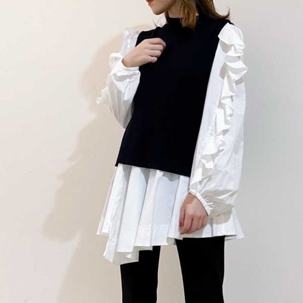 

spring office lady 2 pcs women set elegant long sleeve ruffles draped shirt + o neck sleeveless knit vest loose suit 210525, White