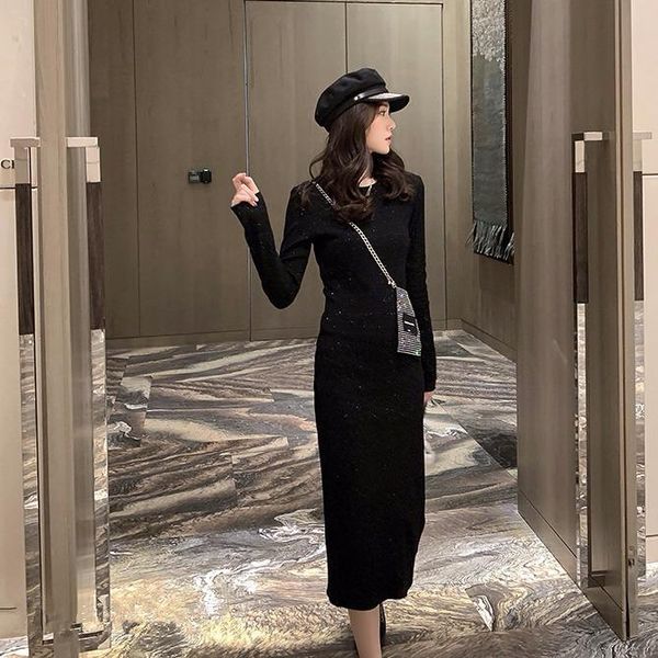 

casual dresses ladies shiny black knitted dress women's autumn winter long-sleeved round neck mid-length slim-fit over-the-knee one-ste, Black;gray