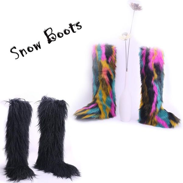 

boots winter plush over knee high women fluffy platform snow furry faux fur ladies outdoor warm shoes big size 36-43, Black