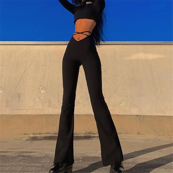 

women fashion v-shaped high waist comfortable long flare pant solid black cross-belt casual wide leg trousers femal clothes women's pan, Black;white