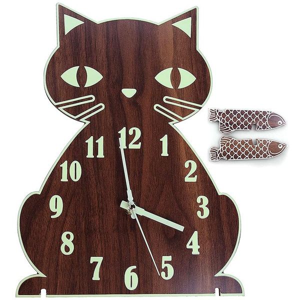

night light wall clock, luminous clock with numerals & hands glow in dark, cat wooden decorative clocks